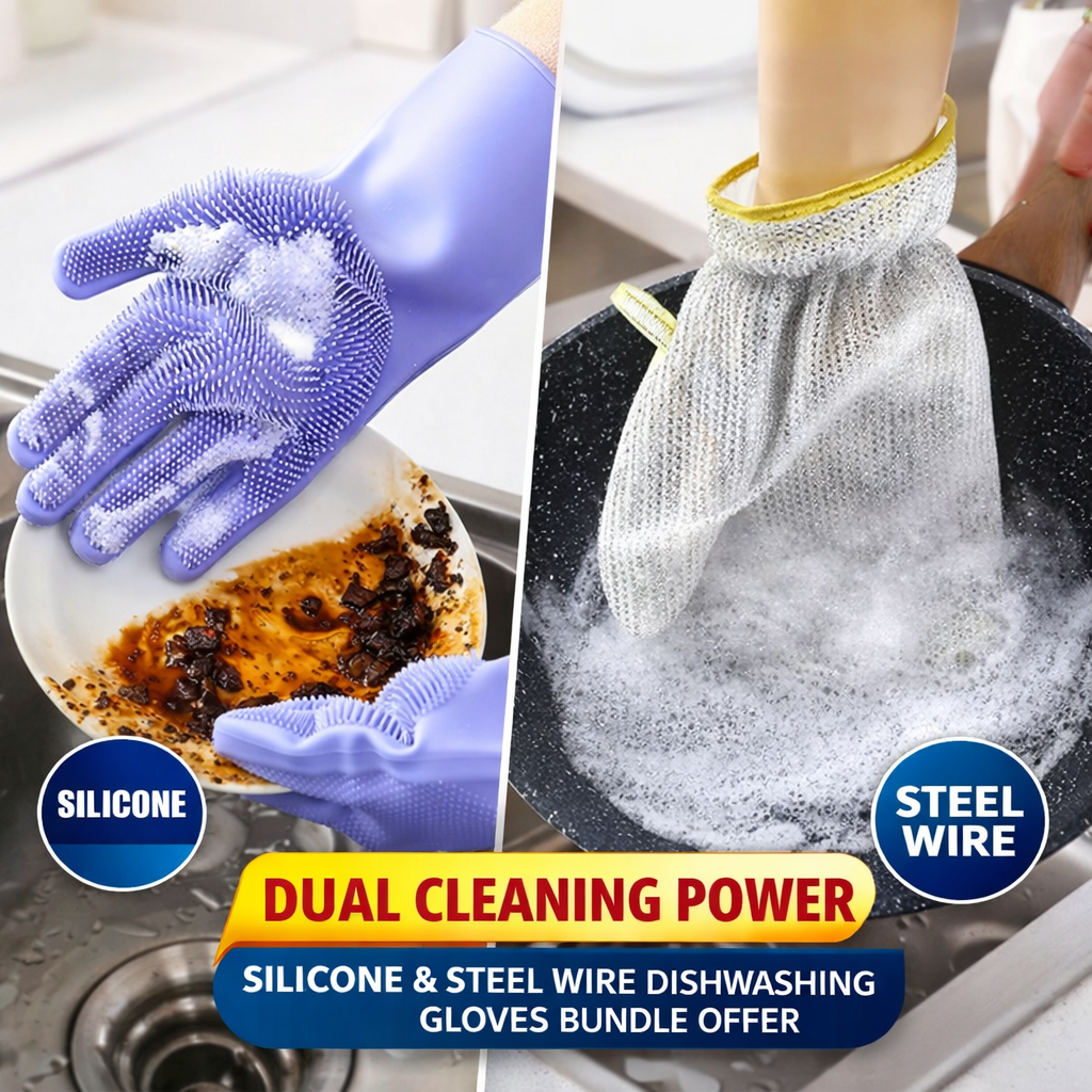 Dual Cleaning Gloves Bundle – Silicone + Steel Wire (2-in-1 Cleaning Power)