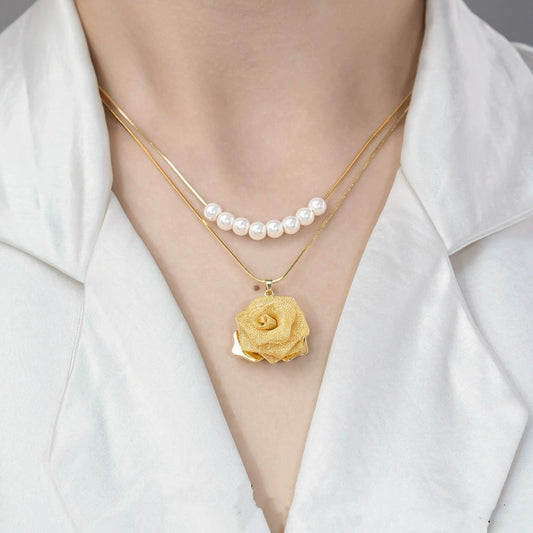 Double-layer golden rose pearl necklace(24k gold plated)