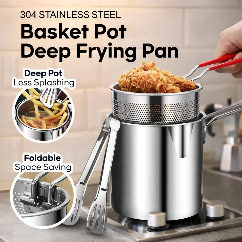 Stainless Steel Deep Fryer Pot with Strainer– 1200ML Oil Capacity