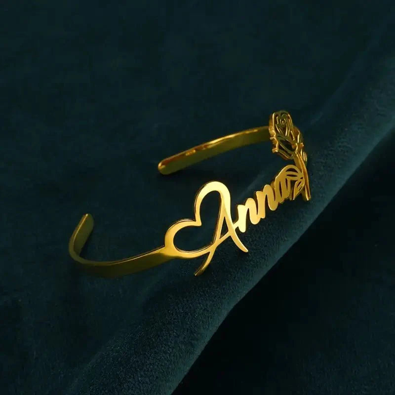 Personalized Rose Heart Name Bracelet – Adjustable Open Design